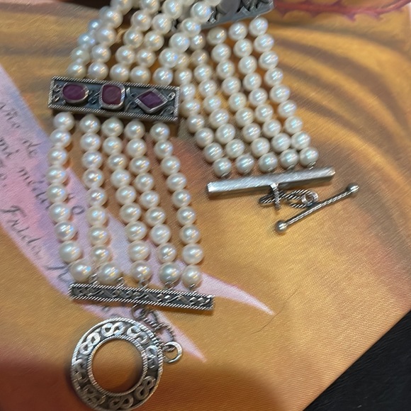 Sterling Silver, Ruby and Pearl 5 Strand Bracelet. - Picture 13 of 14